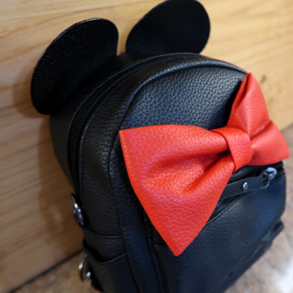 Minnie Mouse Style Mini Back Pack Purse Faux Leather Black with Red Bow Cute - Picture 5 of 12